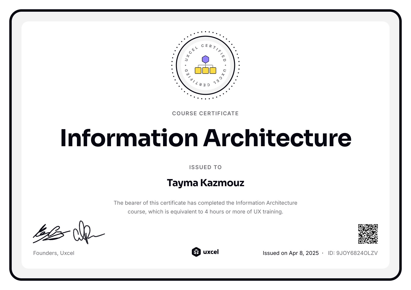 Tayma Kazmouz's certificate